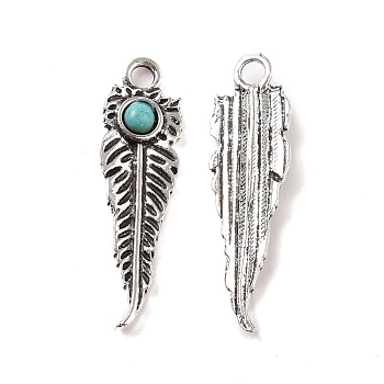 Alloy Pendants, with Synthetic Turquoise, Leaf Charms, Antique Silver, 29.5x8.5x3mm, Hole: 2mm