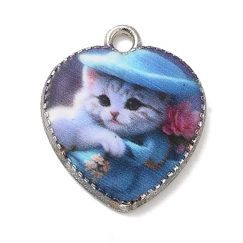 Alloy Pendant, Heart with Cat, Platinum, Cornflower Blue, 21x18x2.5mm, Hole: 2mm