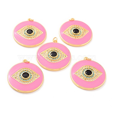 Real 18K Gold Plated Pink Flat Round Brass+Cubic Zirconia+Enamel Pendants