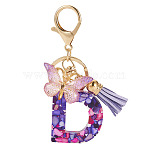 Resin Butterfly Pendant Keychains, with Suede Tassel Charms and Alloy Findings, for Car Key Bag Accessories, Golden, Blue Violet, Letter D, 105mm(KEYC-TAC0034-03D)