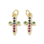 Brass Micro Pave Cubic Zirconia Pendants, Cross Charms, Real 16K Gold Plated, 16x8.5x2.5mm, Jump Ring: 5.5x1mm, Inner Diameter: 3.5mm(KK-P350-03G)