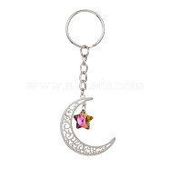 Stainless Steel Hollow Moon Keychains, with Iron Keychain Ring and Star Glass Pendant, Stainless Steel Color, 9.4cm(KEYC-JKC00584-02)