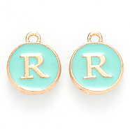 Golden Plated Alloy Enamel Charms, Cadmium Free & Lead Free, Enamelled Sequins, Flat Round with Letter, Turquoise, Letter.R, 14x12x2mm, Hole: 1.5mm(X-ENAM-S118-05R)
