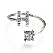 Alloy Cuff Rings, Open Rings, with Crystal Rhinestone, Platinum, Letter.H, US Size 7 1/4(17.5mm)(RJEW-I075-01P-H)