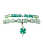2Pcs 2 Style Natural Green Aventurine & Glass Beaded Stretch Bracelets Set, Alloy Clover Charms Stackable Bracelets for Saint Patrick's Day, Inner Diameter: 2-1/8~2-1/4 inch(5.3~5.8cm), 1Pc/style(BJEW-TA00318)