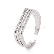 Clear Cubic Zirconia Triple Line Open Cuff Ring, Brass Jewelry for Women, Platinum, Inner Diameter: 17mm(RJEW-E072-09P)