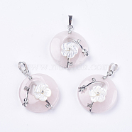 Natural Rose Quartz Pendants, with Shell, Rhinestone and Platinum Tone Brass Findings, Flat Round with Flower, 35.5~36x28x8mm, Hole: 5x8mm(G-F546-A10)