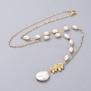 Natural Baroque Pearl Keshi Pearl Pendant Necklaces, with Natural Pearl Beads, Brass Flower Links, Brass Cable Chains, 304 Stainless Steel Lobster Claw Clasps and Cardboard Packing Box, Golden, 23.81 inch(60.5cm)(NJEW-JN02652)