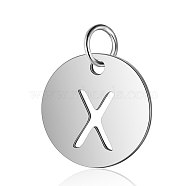 304 Stainless Steel Charms, Flat Round with Letter, Stainless Steel Color, Letter.X, 12x1mm, Hole: 2.5mm(STAS-S105-T514S-X)