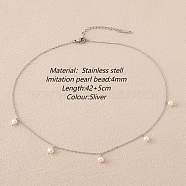 Stainless Steel Imitation Pearl Cable Chain Bib Necklaces for Women, Stainless Steel Color, 16.54 inch(42cm)(GX8162-1)