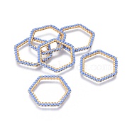 MIYUKI & TOHO Handmade Japanese Seed Beads, with 304 Stainless Steel Link Rings, Loom Pattern, Hexagon, Golden, Cornflower Blue, 23~23.5x25.5x1.8~2mm(SEED-A028B-L-08G)