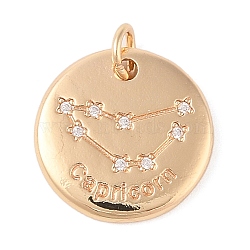 Brass with Clear Cubic Zirconia Pendants, with Jump Rings, Flat Round, Capricorn, 15.5x2mm, Hole: 3.5mm(KK-N256-24J-G)