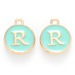 Golden Plated Alloy Enamel Charms, Cadmium Free & Lead Free, Enamelled Sequins, Flat Round with Letter, Turquoise, Letter.R, 14x12x2mm, Hole: 1.5mm(X-ENAM-S118-05R)