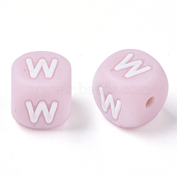 Food Grade Eco-Friendly Silicone Beads, Horizontal Hole, Chewing Beads For Teethers, DIY Nursing Necklaces Making, Letter Style, Cube, Pink, Letter.W, 10x10x10mm, Hole: 2mm(SIL-R011-10mm-04W)