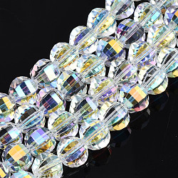 Electroplate Transparent Glass Beads Strands, AB Color Plated, Faceted, Round, Clear AB, 9.5x8.5mm, Hole: 1.5mm, about 65~70pcs/strand, 22.05 inch~23.62 inch(56~60cm)(EGLA-N002-30-C01)