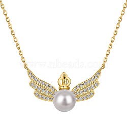 925 Sterling Silver Pendant Necklaces, Micro Pave Clear Cubic Zirconia and Shell Bead, Wings, Real 18K Gold Plated, 15.79 inch(40.1cm)(NJEW-L179-16G)