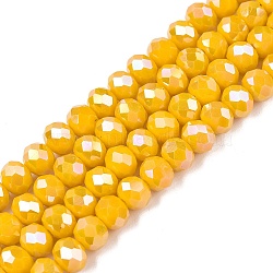 Electroplate Glass Beads Strands, Opaque Solid Color, AB Color Plated, Faceted, Rondelle, Gold, 6x5mm, Hole: 1mm, about 80~85pcs/strand, 38~40cm(EGLA-A044-P6mm-B29)