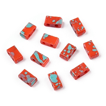 2-Hole Opaque Glass Seed Beads, Antique Style, Rectangle, Orange Red, 4.5~5.5x2~2.5x2mm, Hole: 0.5~0.8mm