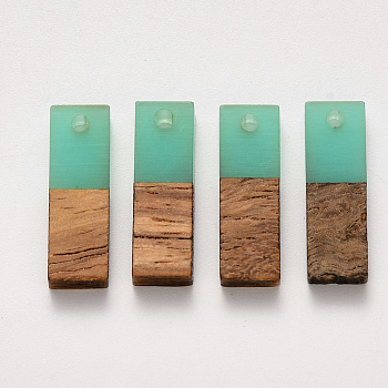Transparent Resin & Walnut Wood Pendants, Waxed, Rectangle, Turquoise, 20x6.5x3~4mm, Hole: 1.8mm