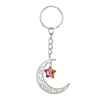 Stainless Steel Hollow Moon Keychains, with Iron Keychain Ring and Star Glass Pendant, Stainless Steel Color, 9.4cm