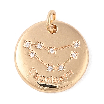 Brass with Clear Cubic Zirconia Pendants, with Jump Rings, Flat Round, Capricorn, 15.5x2mm, Hole: 3.5mm