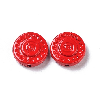 Spray Painted Alloy Bead, Flat Round, Red, 12.5x4mm, Hole: 1.2mm