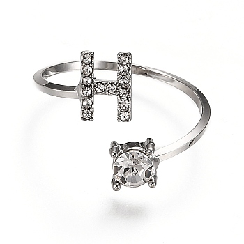 Alloy Cuff Rings, Open Rings, with Crystal Rhinestone, Platinum, Letter.H, US Size 7 1/4(17.5mm)