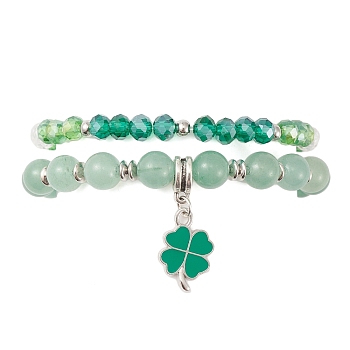2Pcs 2 Style Natural Green Aventurine & Glass Beaded Stretch Bracelets Set, Alloy Clover Charms Stackable Bracelets for Saint Patrick's Day, Inner Diameter: 2-1/8~2-1/4 inch(5.3~5.8cm), 1Pc/style