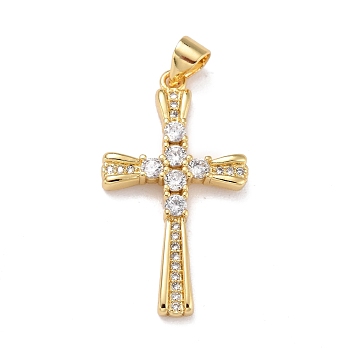 Brass Micro Pave Clear Cubic Zirconia Pendants, Cross, Real 18K Gold Plated, 29.5x16.5x3mm, Hole: 4x3mm