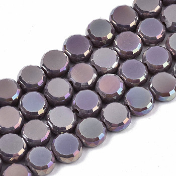 Electroplate Opaque Solid Color Glass Beads Strands, AB Color Plated, Faceted Flat Round, Medium Purple, 8x4mm, Hole: 1.5mm, about 99~101pcs/strand, 27.76 inch~28.94 inch, (70.5cm~73.5cm)