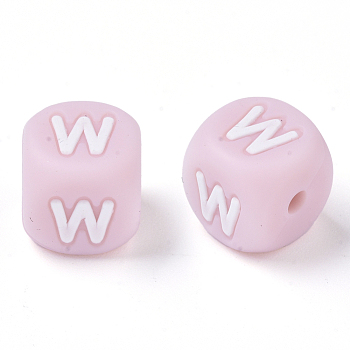 Food Grade Eco-Friendly Silicone Beads, Horizontal Hole, Chewing Beads For Teethers, DIY Nursing Necklaces Making, Letter Style, Cube, Pink, Letter.W, 10x10x10mm, Hole: 2mm
