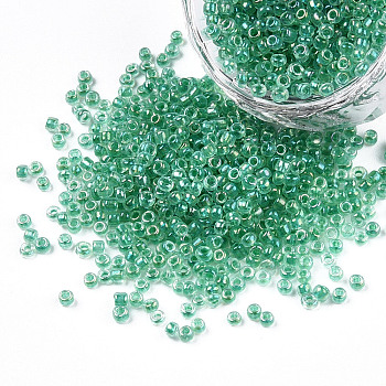 12/0 Glass Seed Beads, Inside Colours, Round Hole, Round, Transparent Colours Rainbow, Medium Sea Green, 12/0, 2~2.5x1.5~2mm, Hole: 0.8mm, about 6666pcs/100g