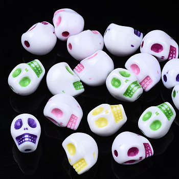 Opaque White Acrylic Beads, Craft Style, Skull, Mixed Color, 9.5x7.5x8mm, Hole: 1.8mm, about 1300pcs/500g