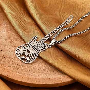 304 Stainless Steel Hollow Guitar Pendant Box Chain Necklaces, Stainless Steel Color, 23.46 inch(59.6cm)