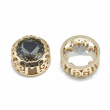 Sew on Rhinestone, Glass Rhinestone, with Light Gold Tone Brass Findings, Garments Accessories, Flat Round, Black Diamond, 12x6.5mm