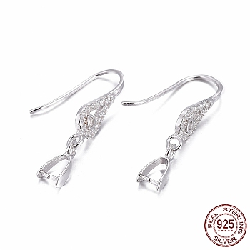 Rhodium Plated 925 Sterling Silver Earring Findings, with Micro Pave Cubic Zirconia, Bar Links and Ice Pick Pinch Bail, Teardrop, Platinum, 27.5mm, 20 Gauge, Pin: 0.8mm