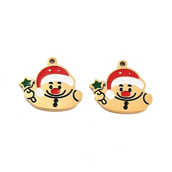 Ion Plating(IP) 304 Stainless Steel Pendants, Christmas Theme Enamel Charms, Golden, Snowman, 13.5x15x1.5mm, Hole: 1.2mm