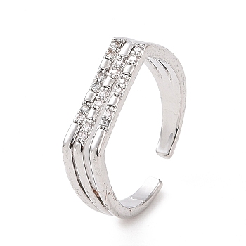 Clear Cubic Zirconia Triple Line Open Cuff Ring, Brass Jewelry for Women, Platinum, Inner Diameter: 17mm
