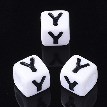 Acrylic Horizontal Hole Letter Beads, Letter Y, Cube, White, about 7mm wide, 7mm long, 7mm high, hole: about 3.5mm, about 200pcs/50g