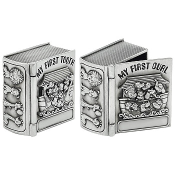 2Pcs 2 Styles Alloy My First Curl and My First Tooth Book Keepsake Box, Tooth Collection Organizer Holder, Great Gift Idea for Babies to Keep The Childhood Memory, Antique Silver, 4x3.9x2.2cm, 1pc/style