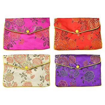 Rectangle Floral Embroidery Cloth Zipper Pouches, Jewelry Storage Bags, Mixed Color, 11x16x0.3cm