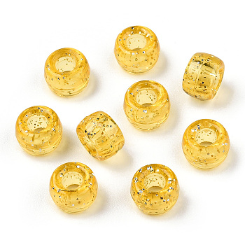 Transparent Plastic Beads, with Glitter Powder, Barrel, Gold, 9x6mm, Hole: 3.8mm, about 1900pcs/500g