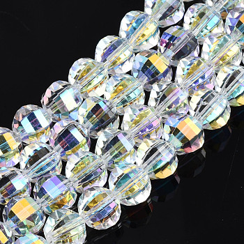 Electroplate Transparent Glass Beads Strands, AB Color Plated, Faceted, Round, Clear AB, 9.5x8.5mm, Hole: 1.5mm, about 65~70pcs/strand, 22.05 inch~23.62 inch(56~60cm)