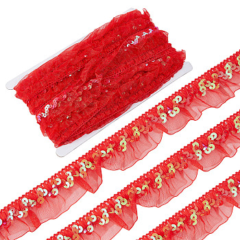 Chinlon Pleated Lace Trim, with Sequin, for Sewing, Gift Package Wrapping, Floral Designing, Red, 1-1/8 inch(30mm), about 12.03 Yards(11m)/Card