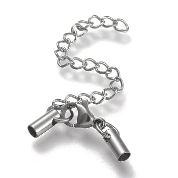 Tarnish Resistant 304 Stainless Steel Curb Chain Extender, with Cord Ends and Lobster Claw Clasps, Stainless Steel Color, Chain Extender: 53mm, Clasps: 9.5x6.5x3.5mm, Cord Ends: 7.5x3.5mm, 2.5mm inner diameter