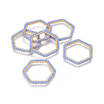 MIYUKI & TOHO Handmade Japanese Seed Beads, with 304 Stainless Steel Link Rings, Loom Pattern, Hexagon, Golden, Cornflower Blue, 23~23.5x25.5x1.8~2mm