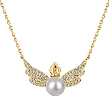 925 Sterling Silver Pendant Necklaces, Micro Pave Clear Cubic Zirconia and Shell Bead, Wings, Real 18K Gold Plated, 15.79 inch(40.1cm)