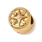 304 Stainless Steel with Crystal Rhinestone European Beads, Large Hole Beads, Round with Star, Real 18K Gold Plated, 10x9mm, Hole: 4mm(RB-CBAC900-05G)