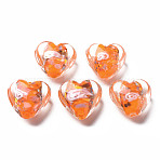Handmade Lampwork Beads, with Inner Flower, Heart, Orange, 12~15x13~16x9mm, Hole: 1.2mm(LAMP-T011-04A)