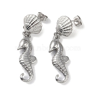 Texture Sea Horse 304 Stainless Steel Dangle Earrings, Shell Shape Stud Earring for Women, Stainless Steel Color, 45x12.5mm(EJEW-L283-024P)
